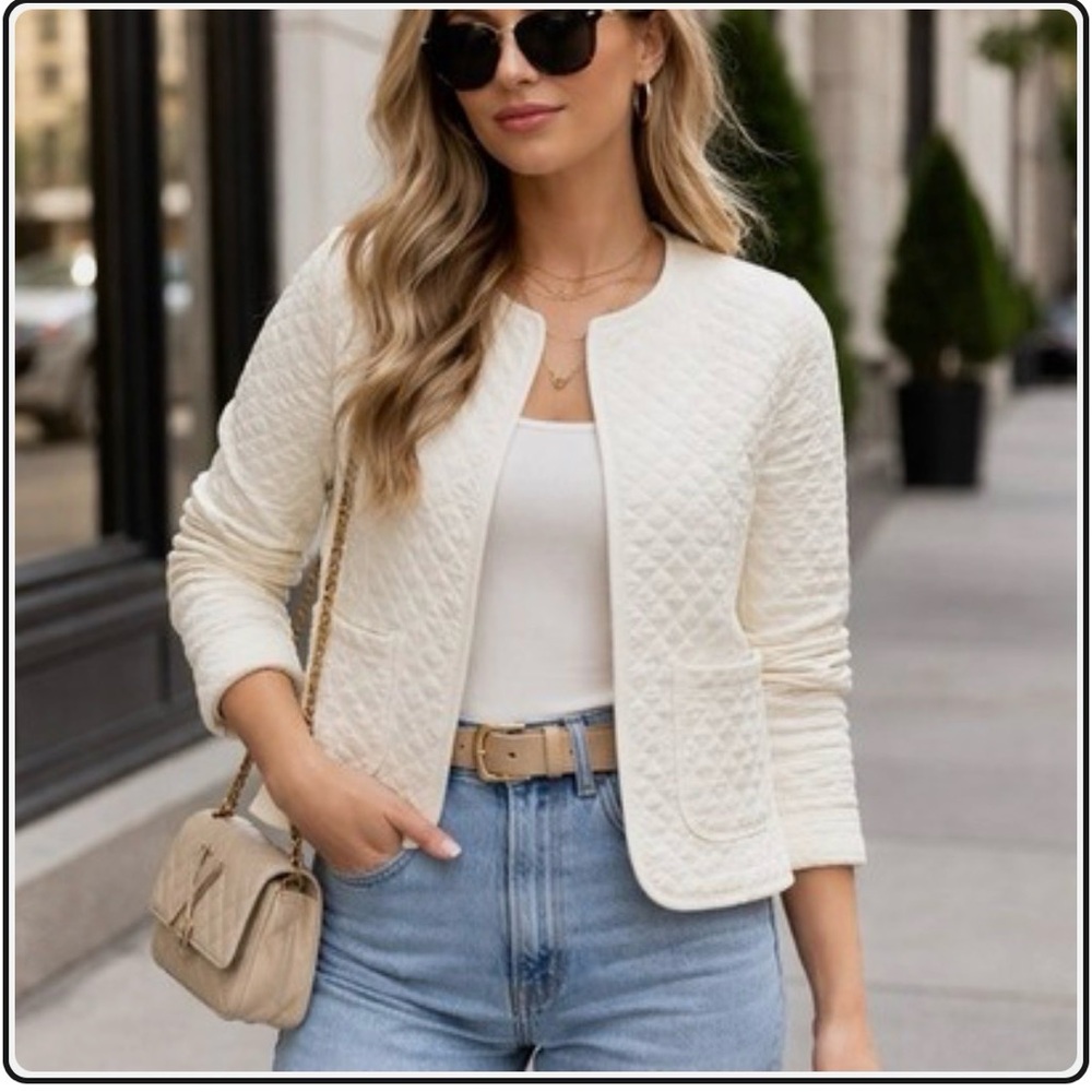J.Crew Jacket Quilted Ivory Collarless Blazer Women’s XL Cotton Blend Layer Top